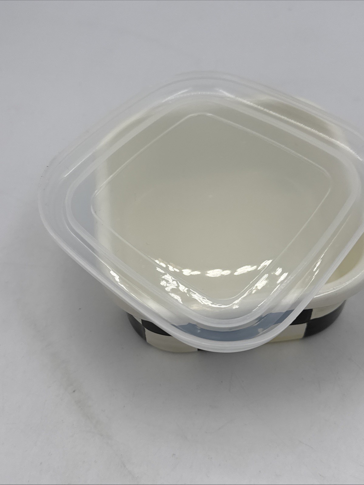 MacKenzie Childs Courtly Check Enamel Storage Container w Lid 4.5” x 4.5” x 2”