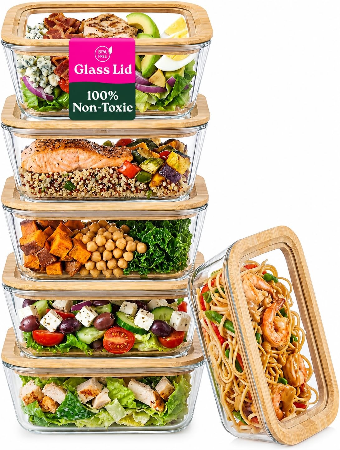 6-Pack Glass Food Storage Containers with Clear-Top Bamboo Lids – Plastic Fre…