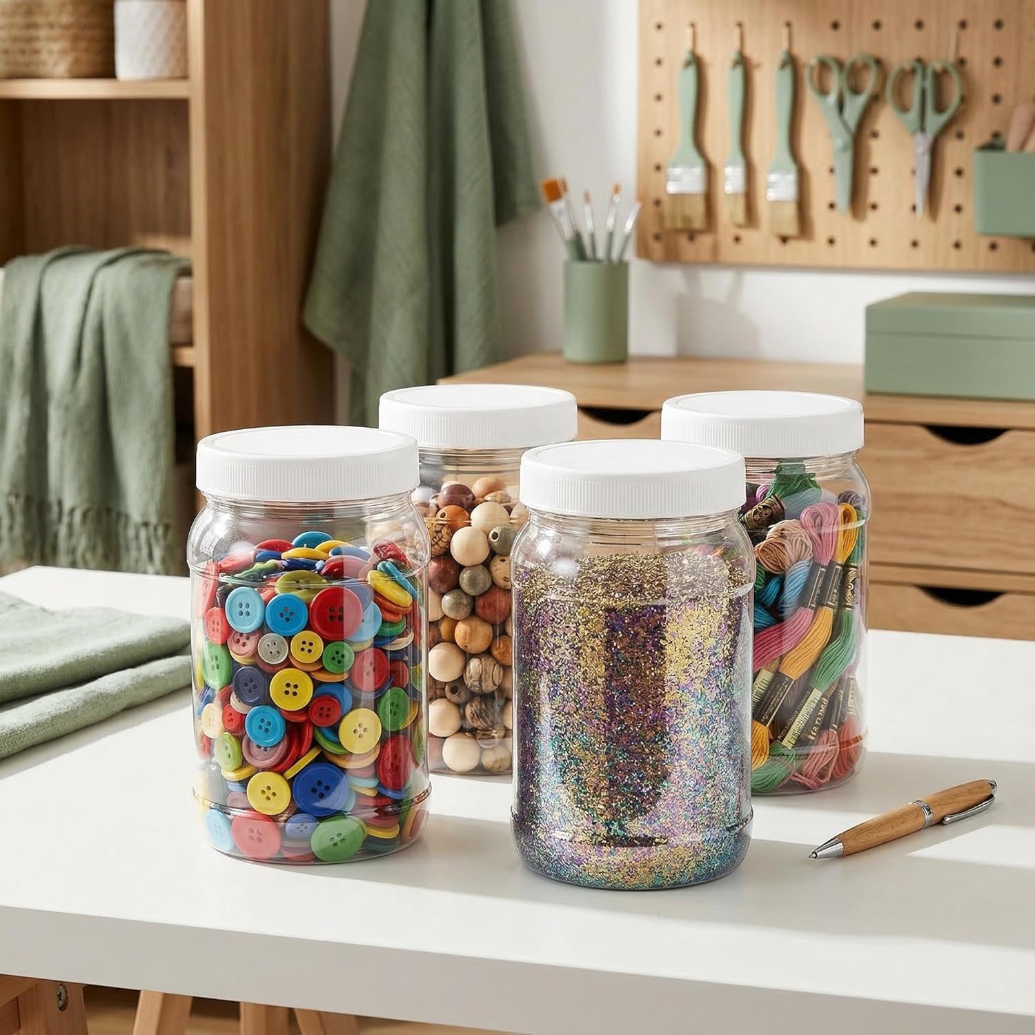 9 Pack 32 Oz Plastic Jars with Lids, Wide Mouth Clear Empty Plastic Storage Cont
