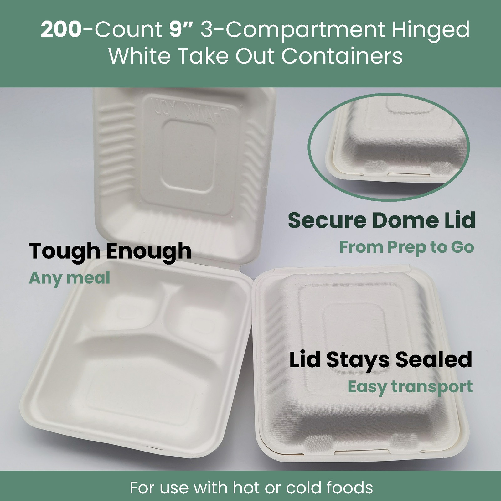 3-Compartment Hinged White Take Out Containers – 9″ – 200 Count