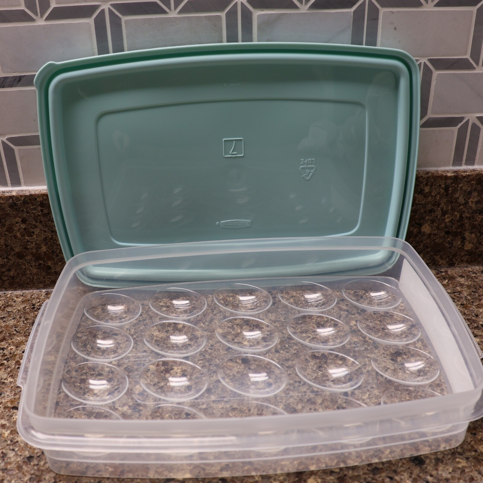 RUBBERMAID #3910 EGG KEEPER TRAY CONTAINER HOLDS 20 EGGS BLUE LID