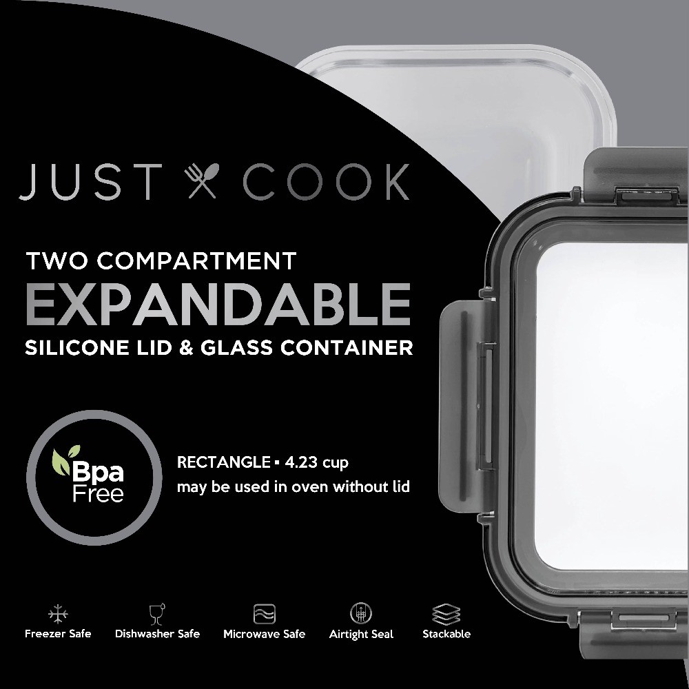 Glass Food Storage Container with Expandable Silicone Lid, 2-Compartment