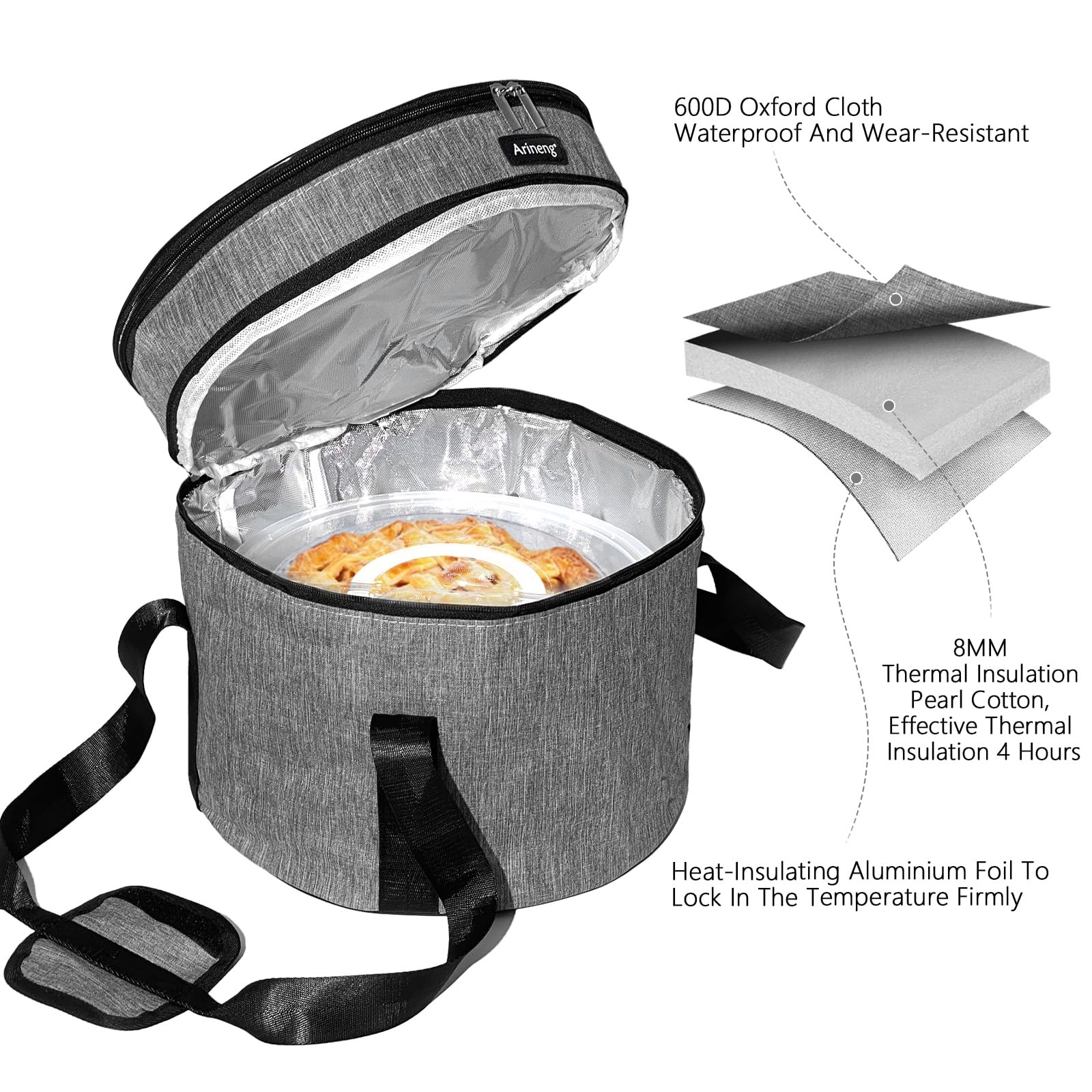 Arineng 2 pack pie carrier with lid and 2 carriers + insulated bag, Grey