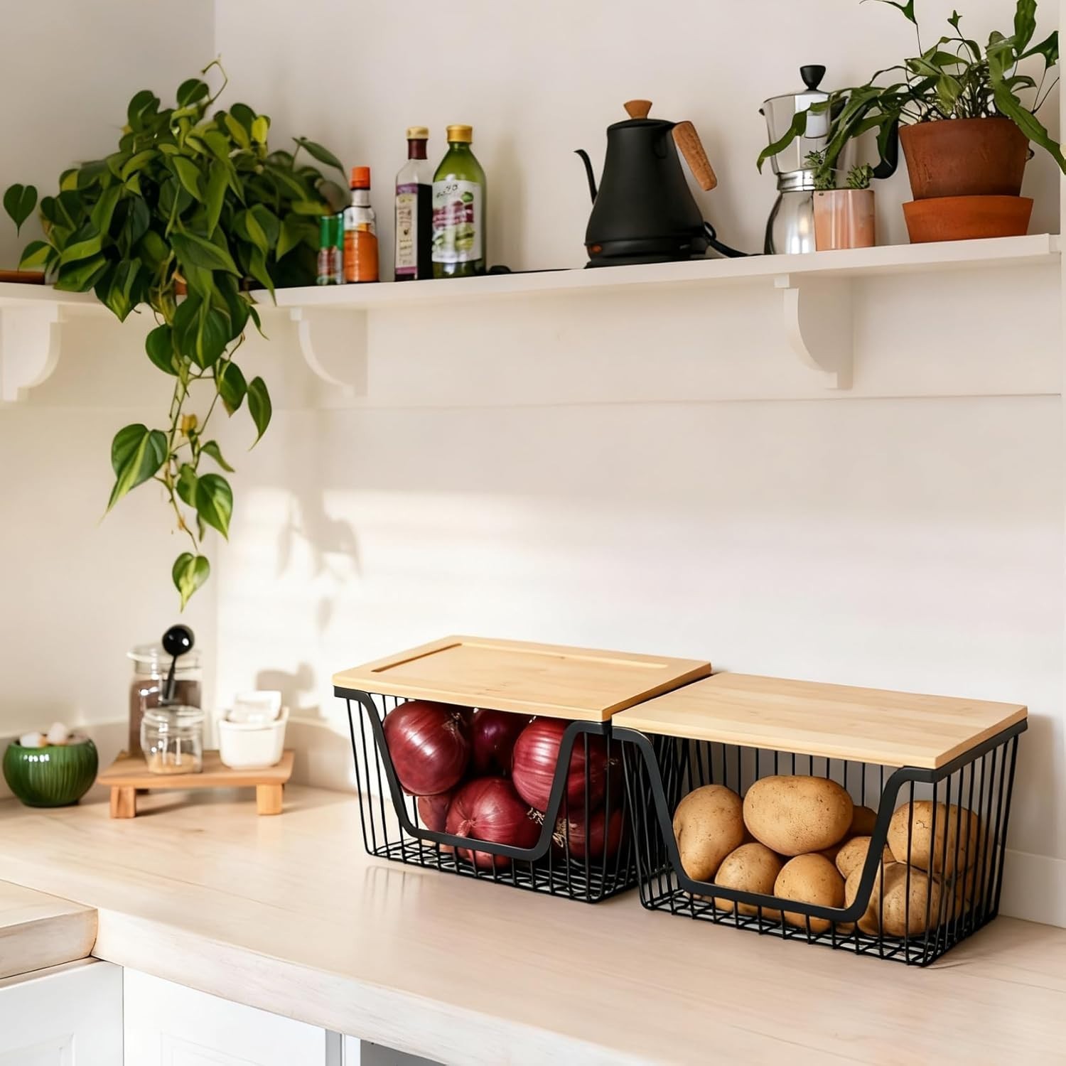Modern Stackable Storage Bins for Fruits, Vegetables – 2-Pack Iron Baskets