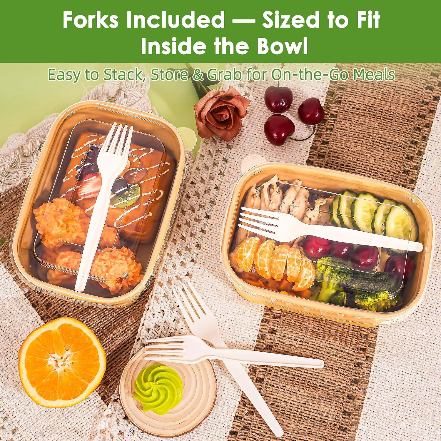 50-Pack 30Oz Disposable Meal Prep Containers with Lids and Forks, Compostable Kr