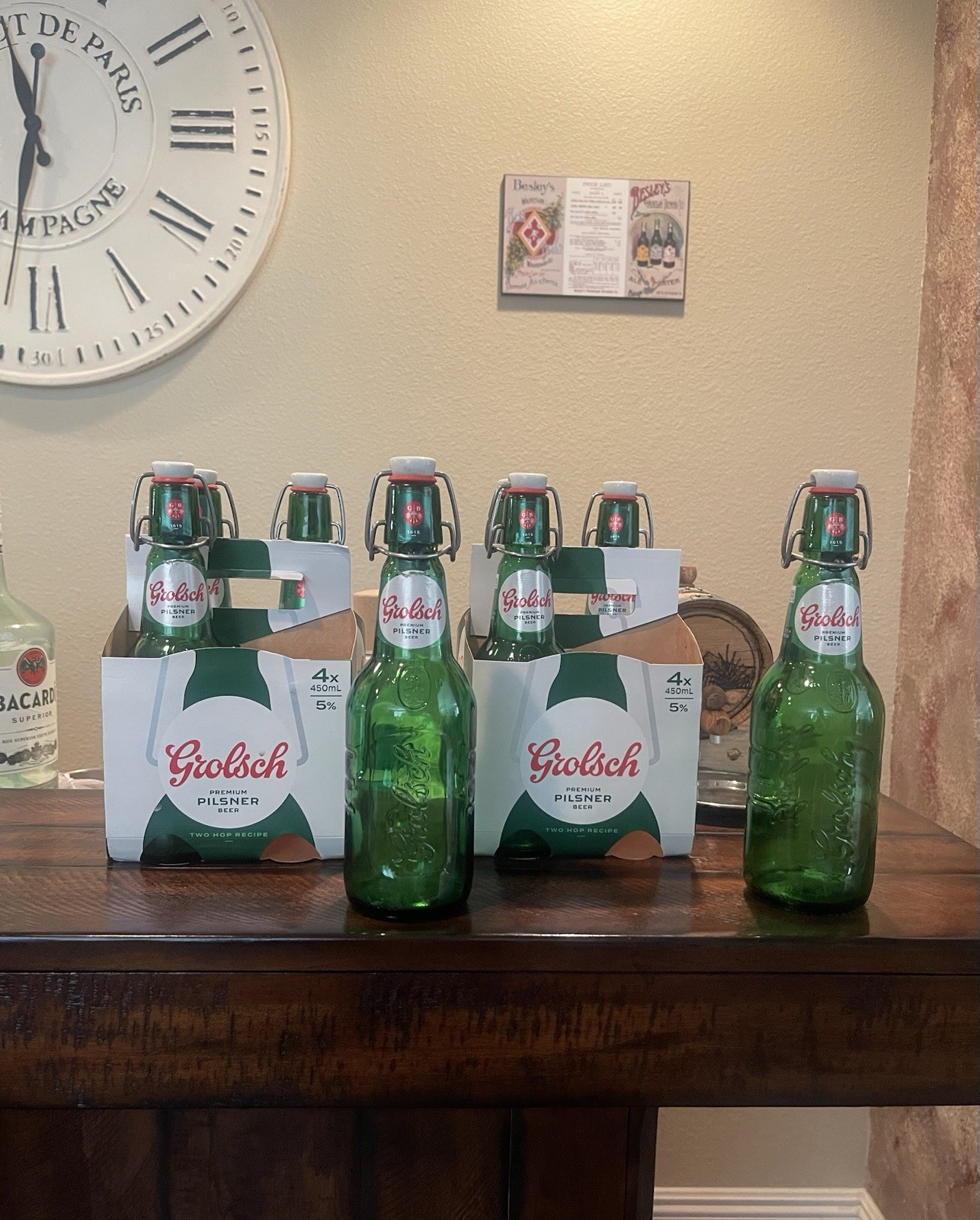 Grolsch Lot of 8 (Empty) Green Bottles With Ceramic Caps, Labels, 4 Holder
