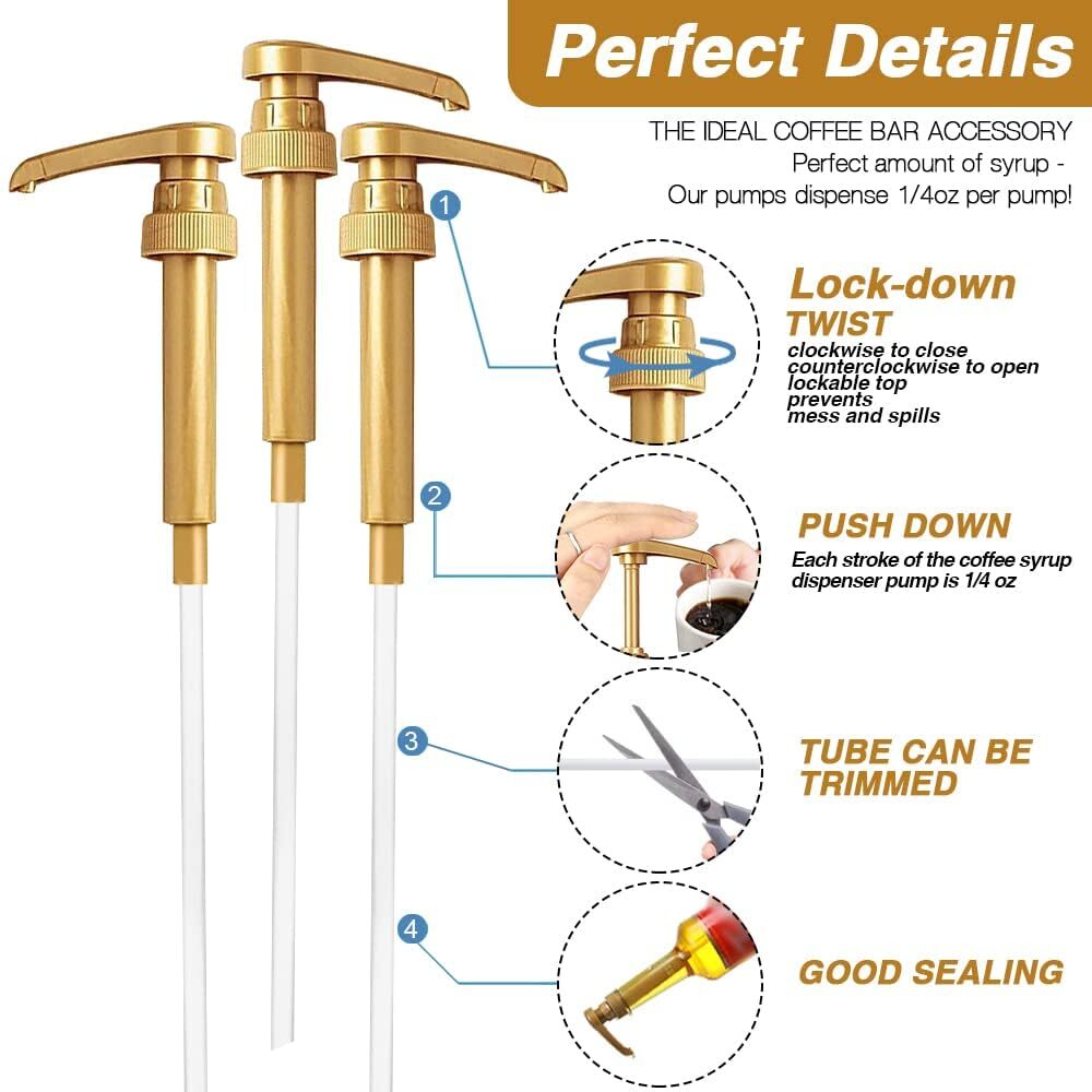 10 Pcs Gold Coffee Syrup Pumps Compatible With 25.4 Oz/750ml Bottles Great For H