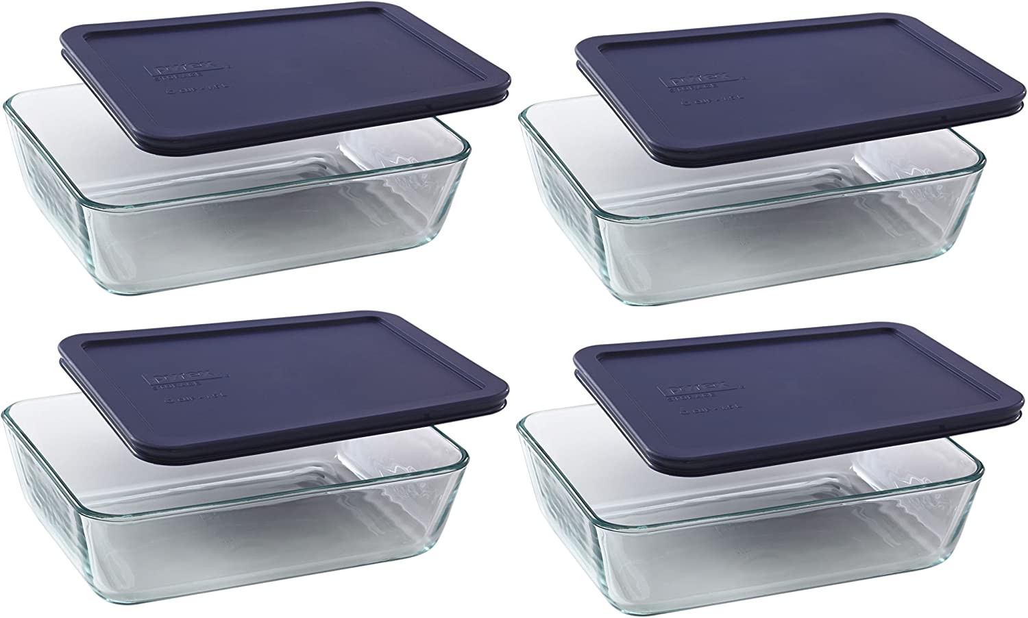6-Cup 7211 Rectangle Glass Food Storage Containers with Blue Plastic Lids – 4 Pa