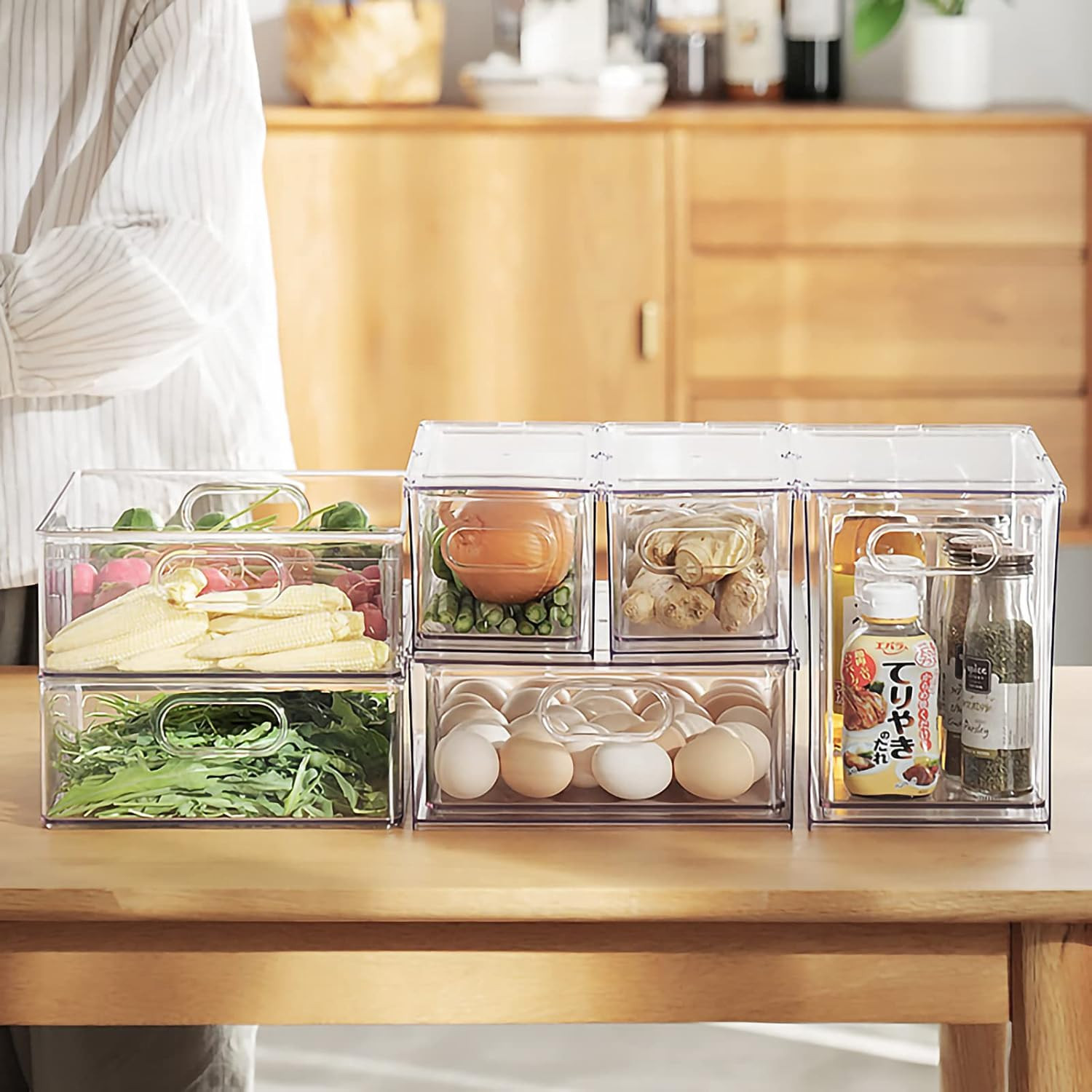 4 Pack Stackable Refrigerator Organizer Bins Pull-Out Drawers for Fruit and Vegg