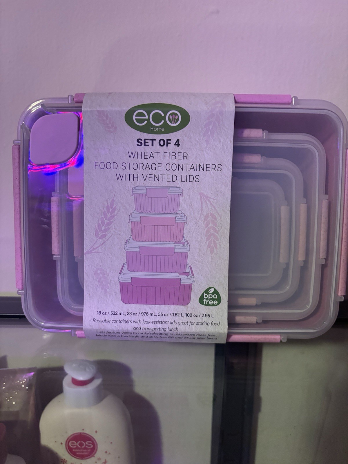Eco Home Pink Set Of 4 Wheat Fiber Food Storage Containers With Vented Lids