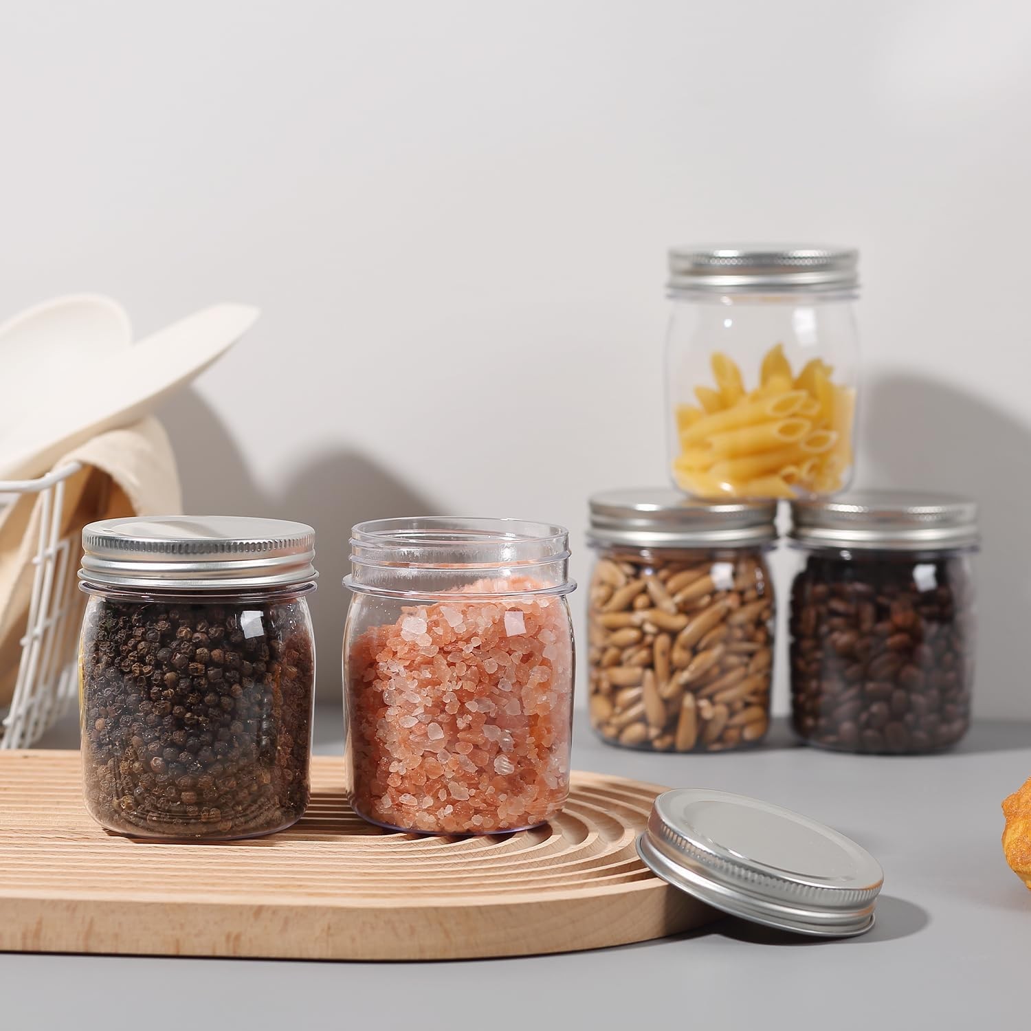 8 oz Clear Plastic Jars with Airtight Lids, 32 Pack Plastic Mason Jars with L…