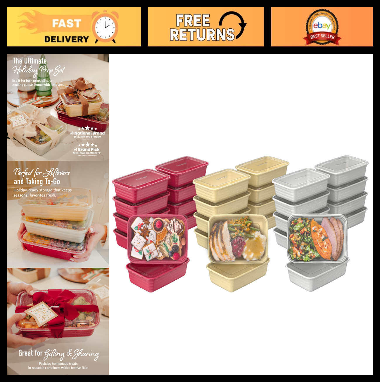 60-Piece Holiday Food Storage Set – 1-Compartment Meal Prep Containers, BPA-Free
