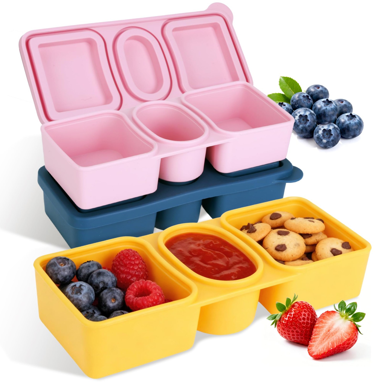 3 Pack New Reusable Silicone Snack Containers with Lids, 12 oz Three Compartm…