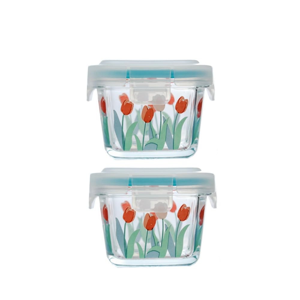 Small Square Glass Containers with Lids, Floral Glass Meal Prep Bowl Airtight…