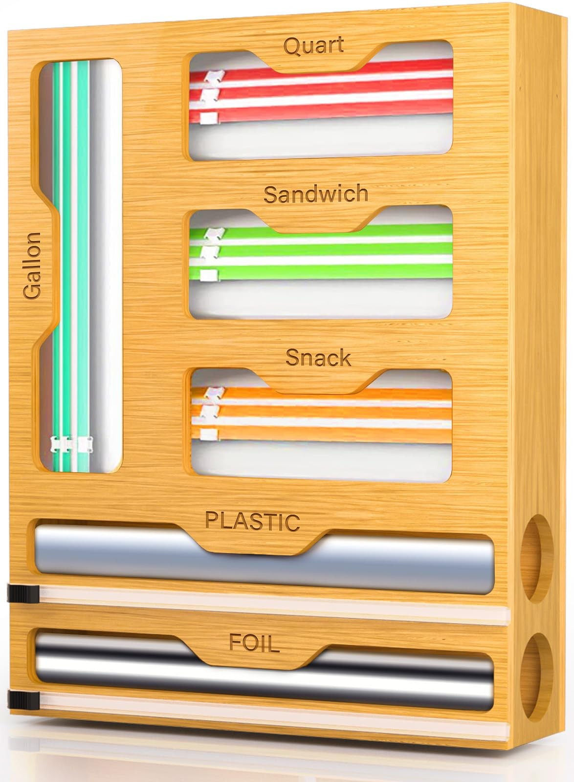 Bag Organizer and Plastic Wrap Dispenser with Cutter, 6 In 1 Bamboo Foil and …