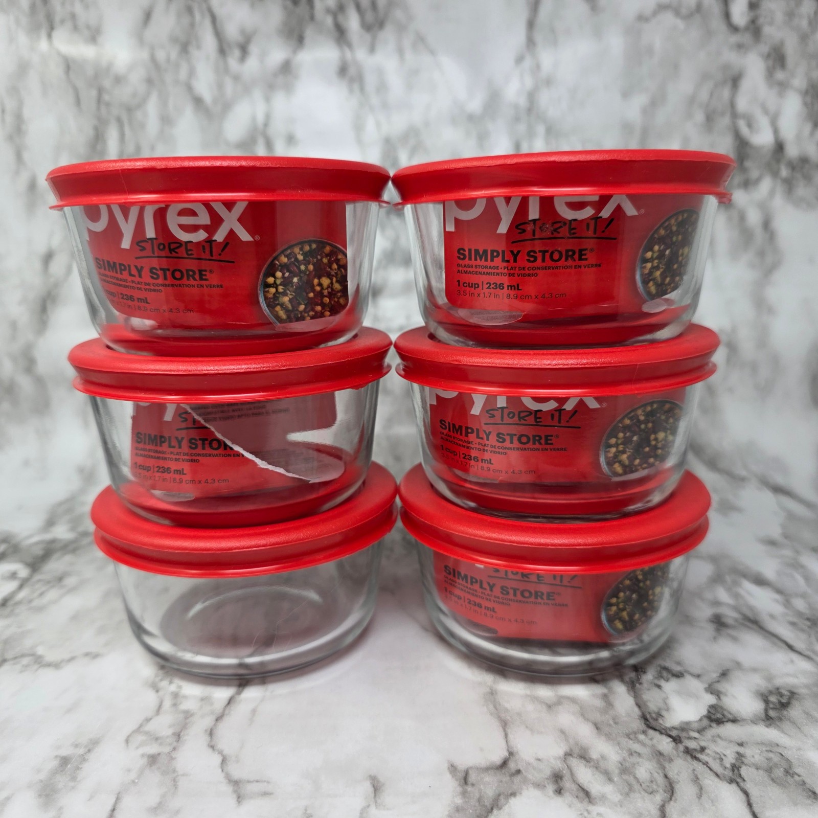 Lot of 6 Pyrex Simply Store 1 Cup Glass Food Storage Container Bowls Red Lid
