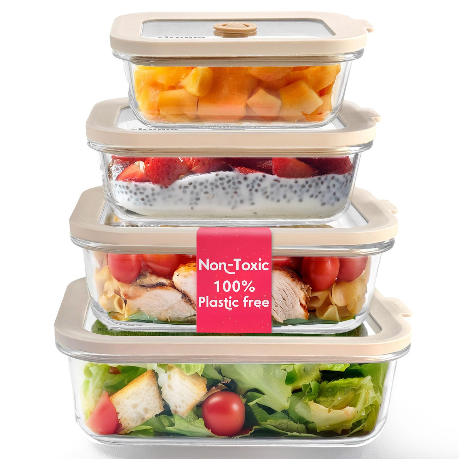 Ziruma Non-Toxic 4 Pack – Glass Food Storage Containers With Lids – Plastic F…