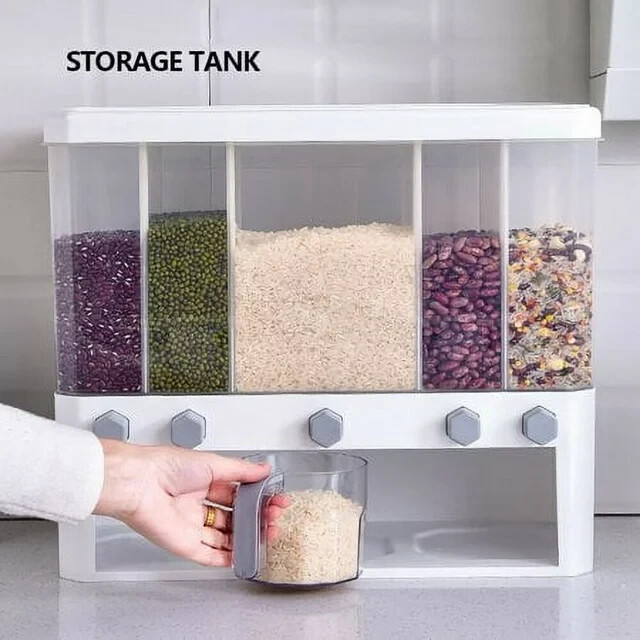 Clear 5-Grid Cereal Storage Dispenser Kitchen Rice Grain Dry Container Box