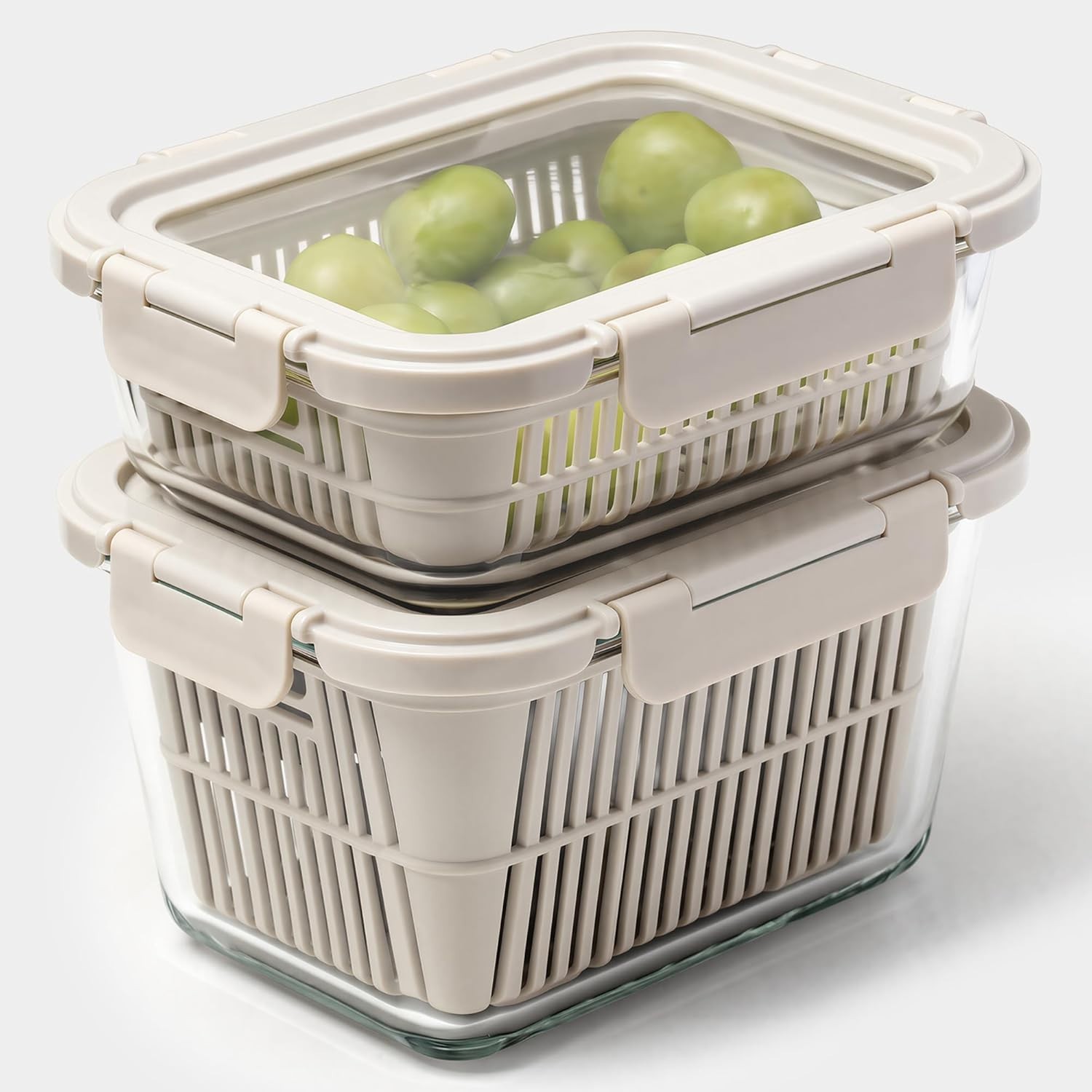 2-Pack Glass Produce Storage Containers Airtight w/ Colander BPA Free
