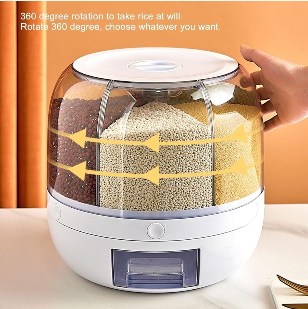 6-Grid 360° Grains Dispenser Rotating Rice Dispenser Storage Container 13lbs