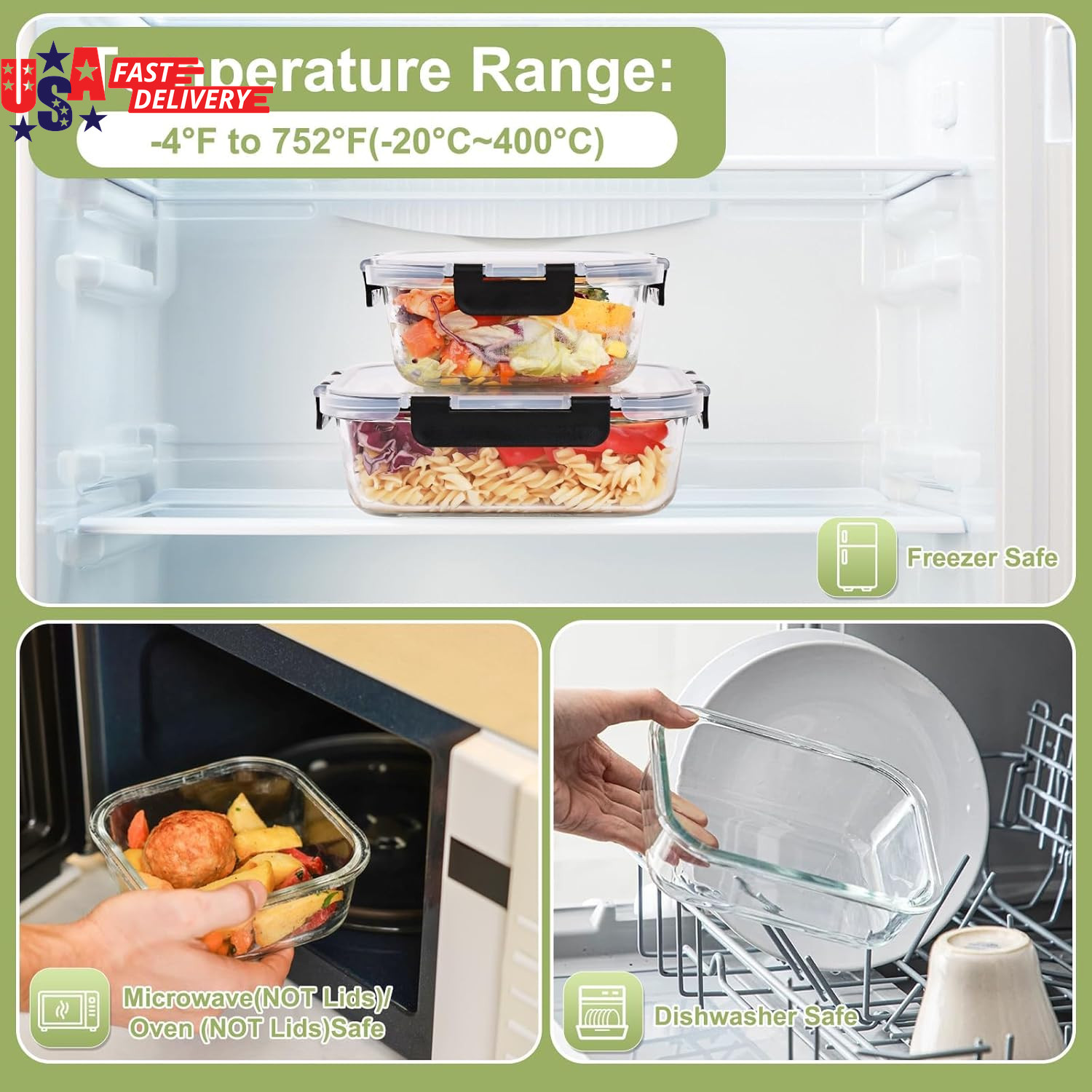 8 Pack Glass Food Storage Containers with Lids, Meal Prep Containers, Airtight B