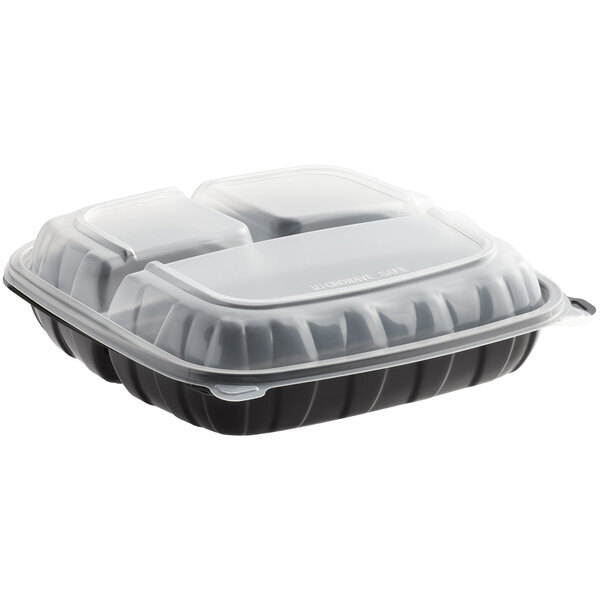 10″ x 10″ x 3″ Microwaveable 3-Compartment Black/Clear Plastic Hinged Container