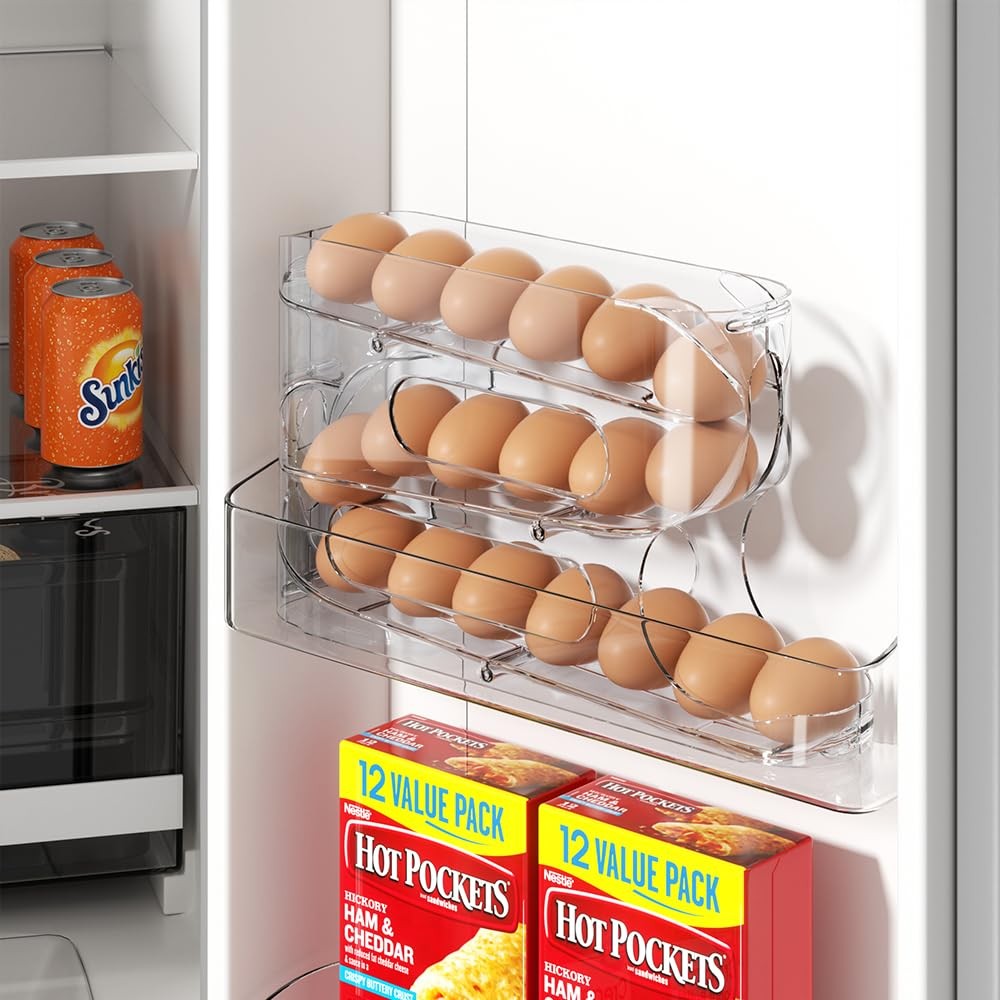 Clear Egg Holder for Fridge, Auto Rolling Egg Dispenser for Eggs 18 Count, FI…
