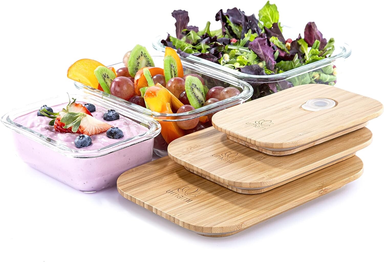 Umami Glass & Bamboo Meal Prep Container Set, 68 oz, Clear, Unisex, Microwave &