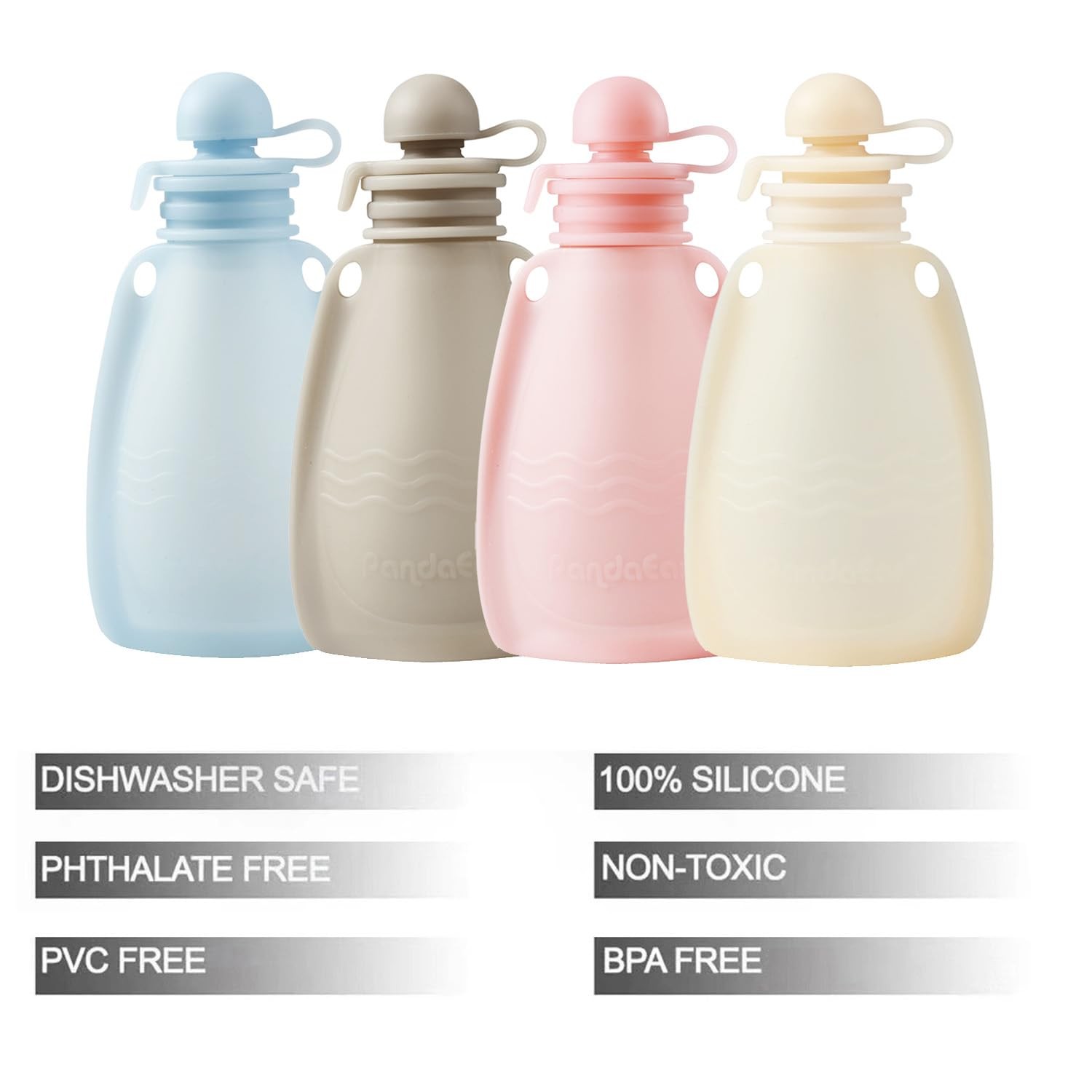 PandaEar Reusable Silicone Baby Food Pouches, 4 Pack 5 Piece Set, light blue