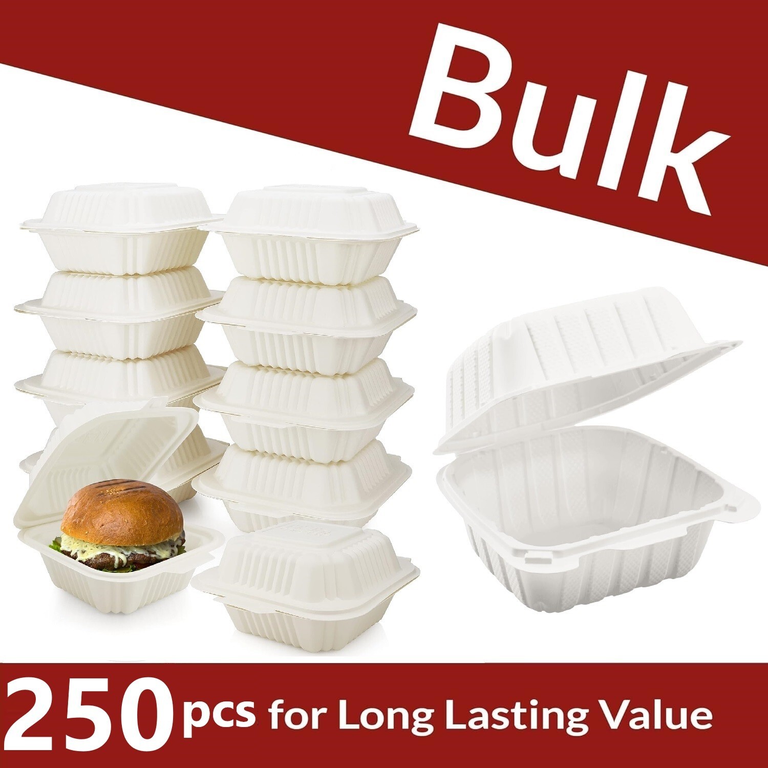 250 Count 6″x6″ 1 Compartment Clamshell Food Containers Heavy Duty To Go Box US