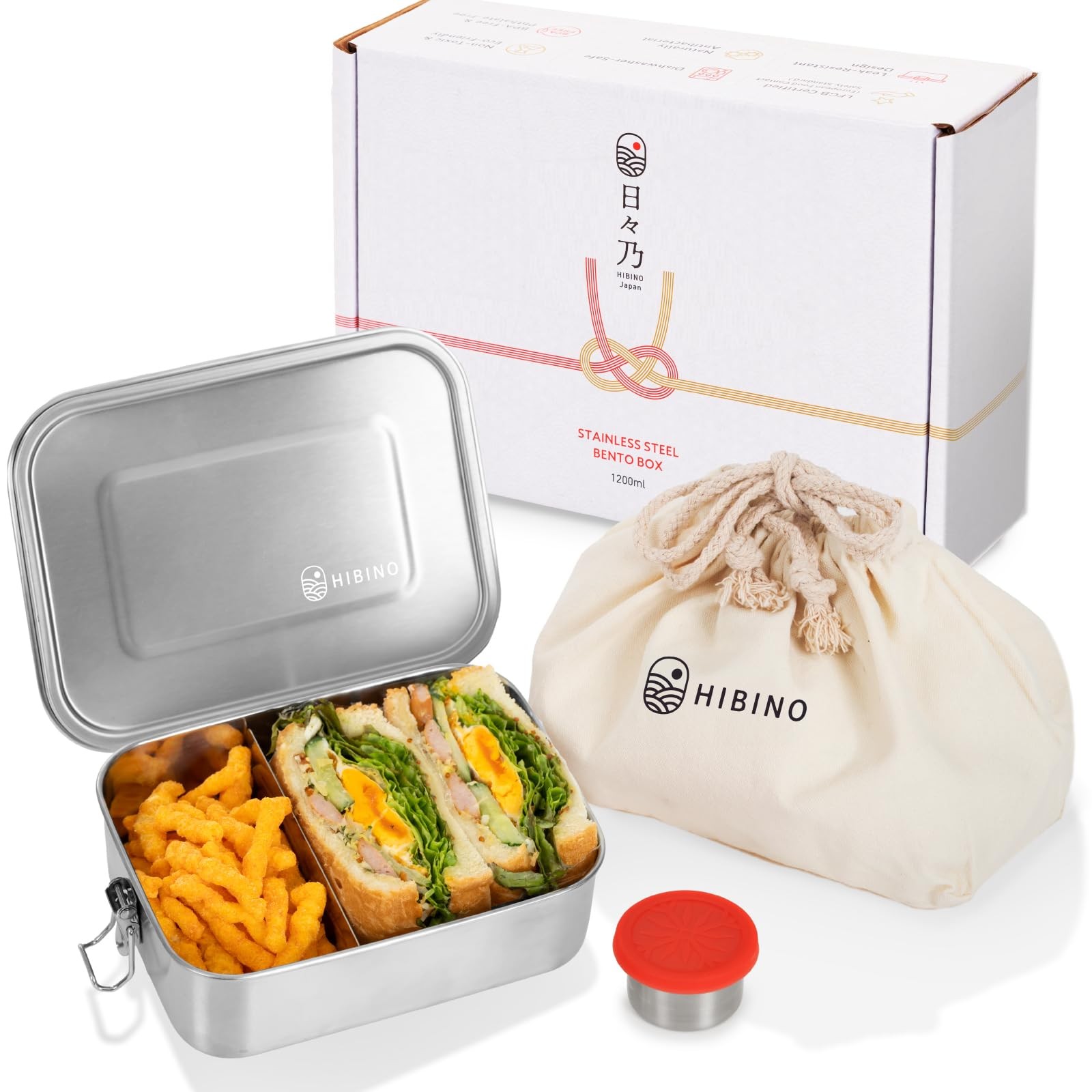 HIBINO Stainless Steel Bento Box 1200ml | Leakproof Large, Silver