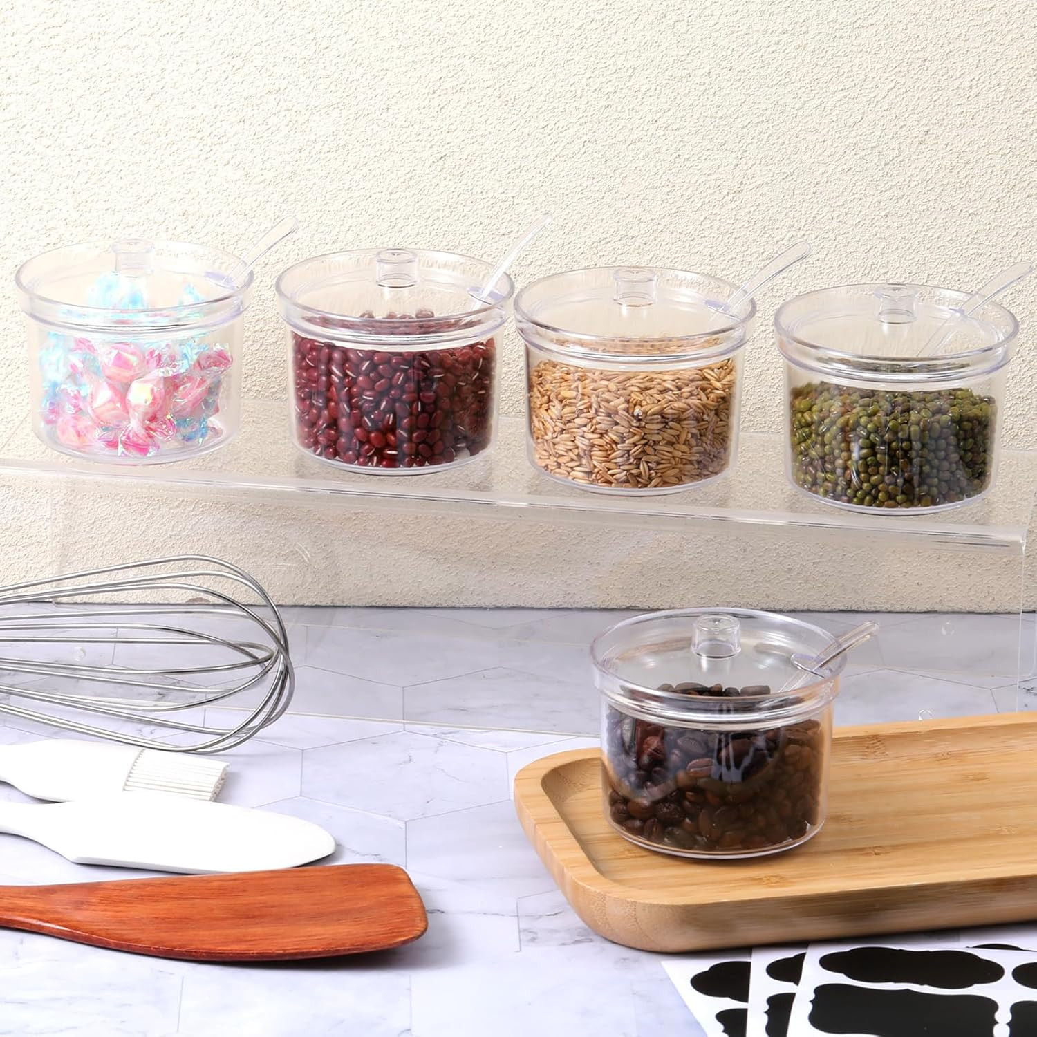 16Pcs Toppings Containers with Lids and Spoon with Tag, 7.1 Oz Clear Acrylic Sug