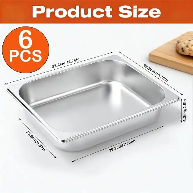 6 PCS Half Size Stainless Steel Steam Table Food Pans 2.5 Inch Deep Catering