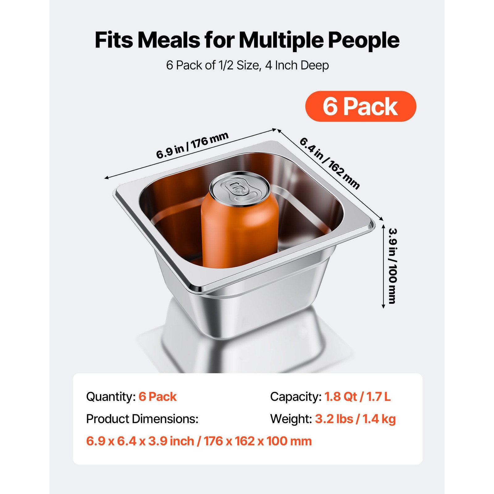 6 Pack 1/6 Size 4in Stainless Anti-Jam Steam Pans