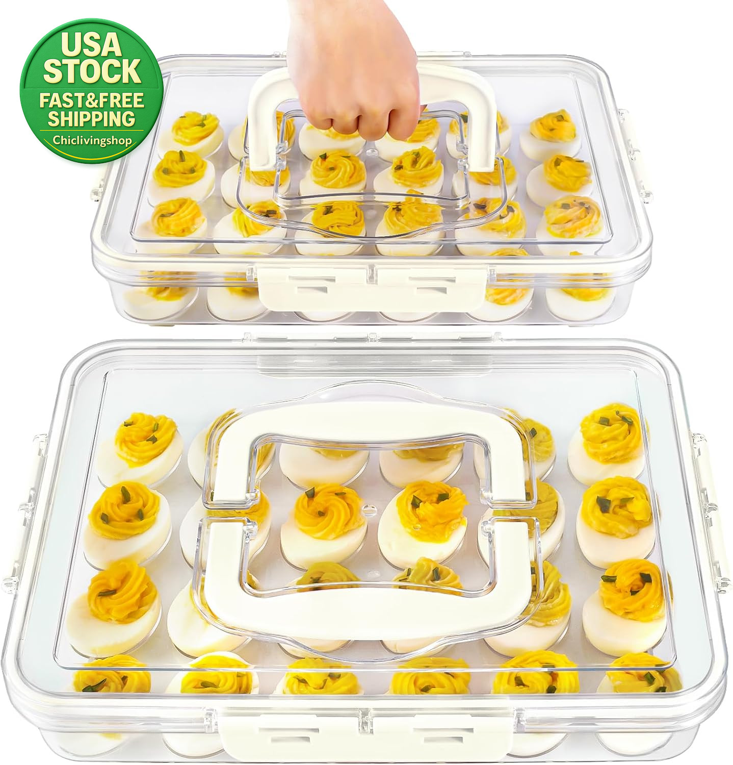 2 Pack Deviled Egg Carrier Tray with Lid Handle Clear Storage Holds 48 Eggs