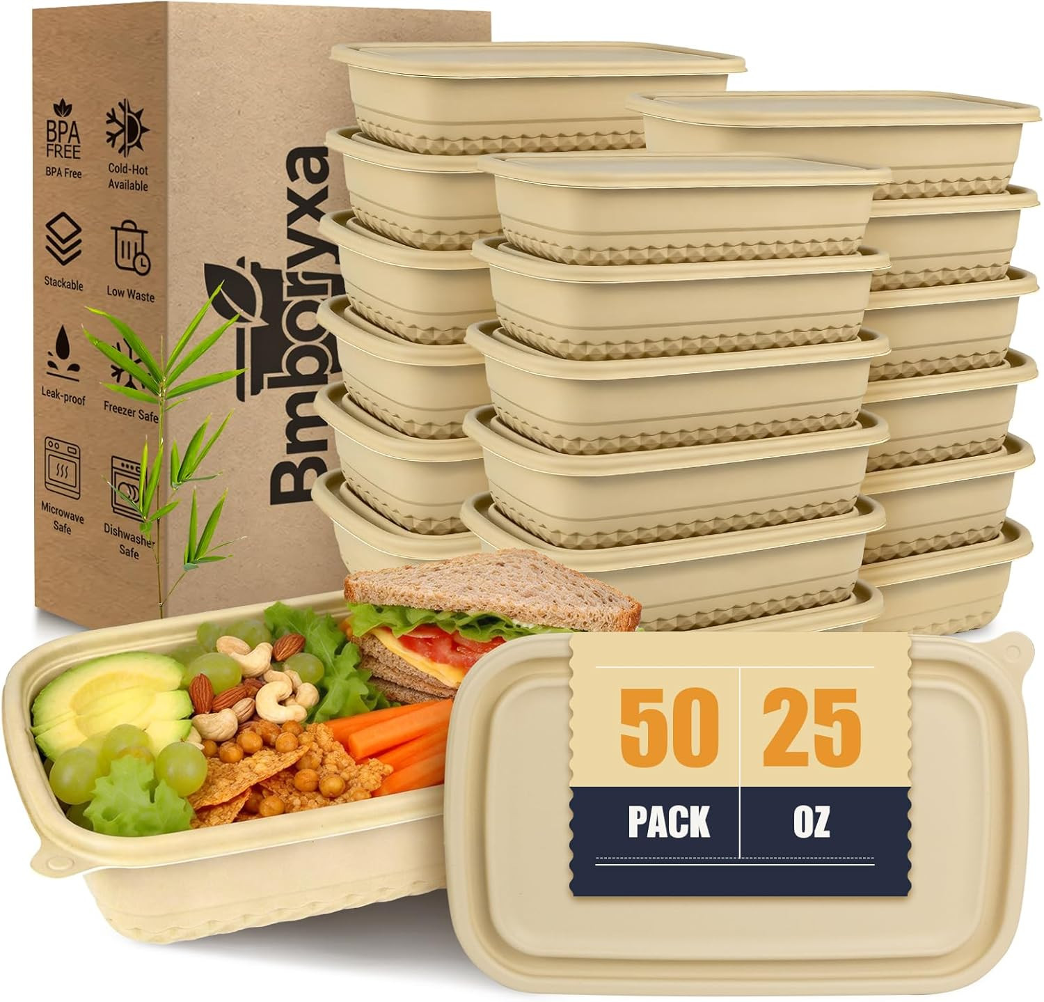 50Pack Meal Prep Containers Reusable with Lids, 25Oz Bamboo-Powder Food Containe