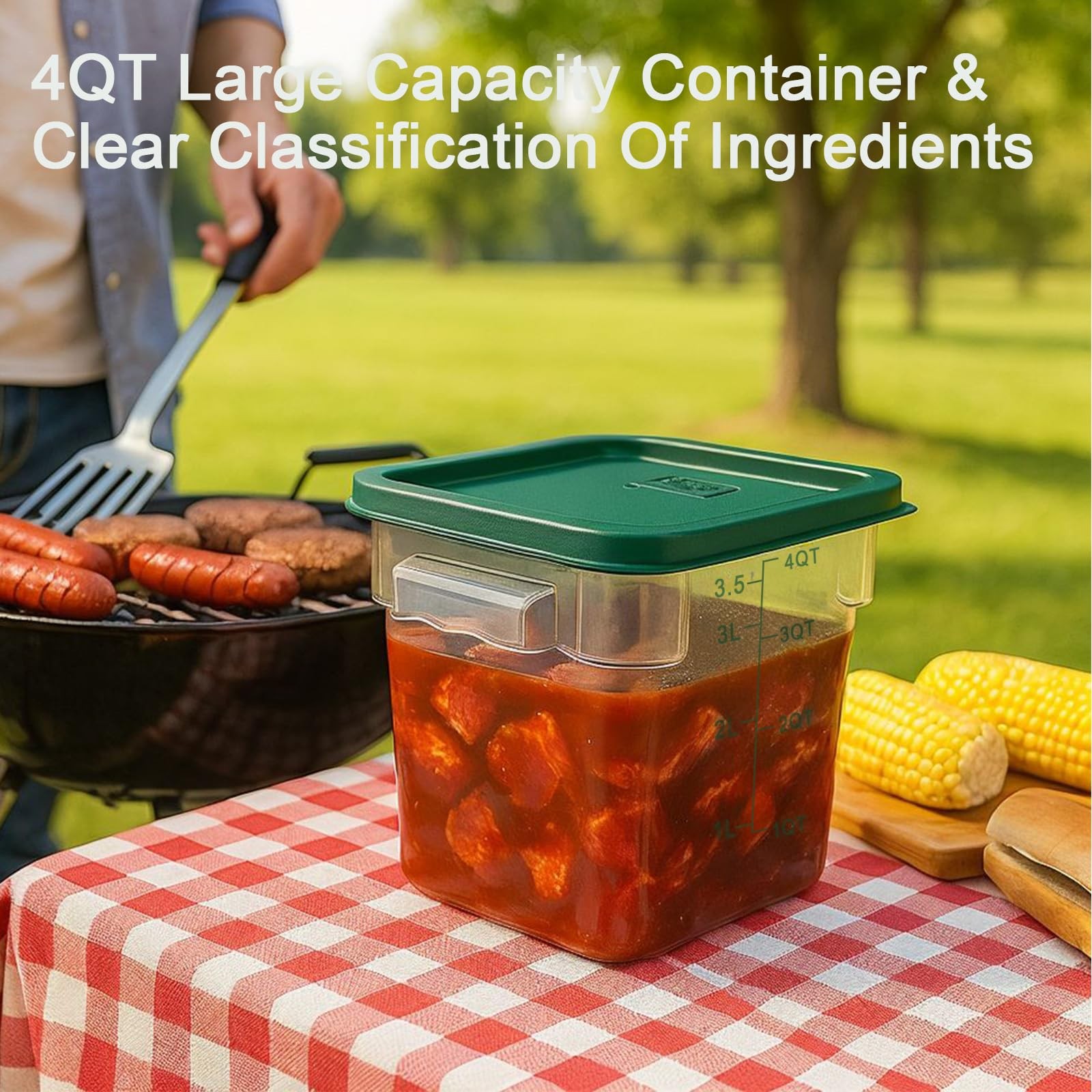 4 Pack 4QT Food Storage Containers with Green Lids, Clear Square 4QT,