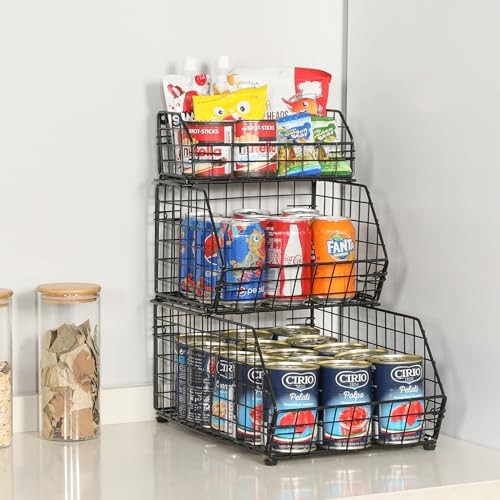 3-Tier Fruit Basket for Kitchen Counter, Stackable Wire Baskets Wall, Potato and