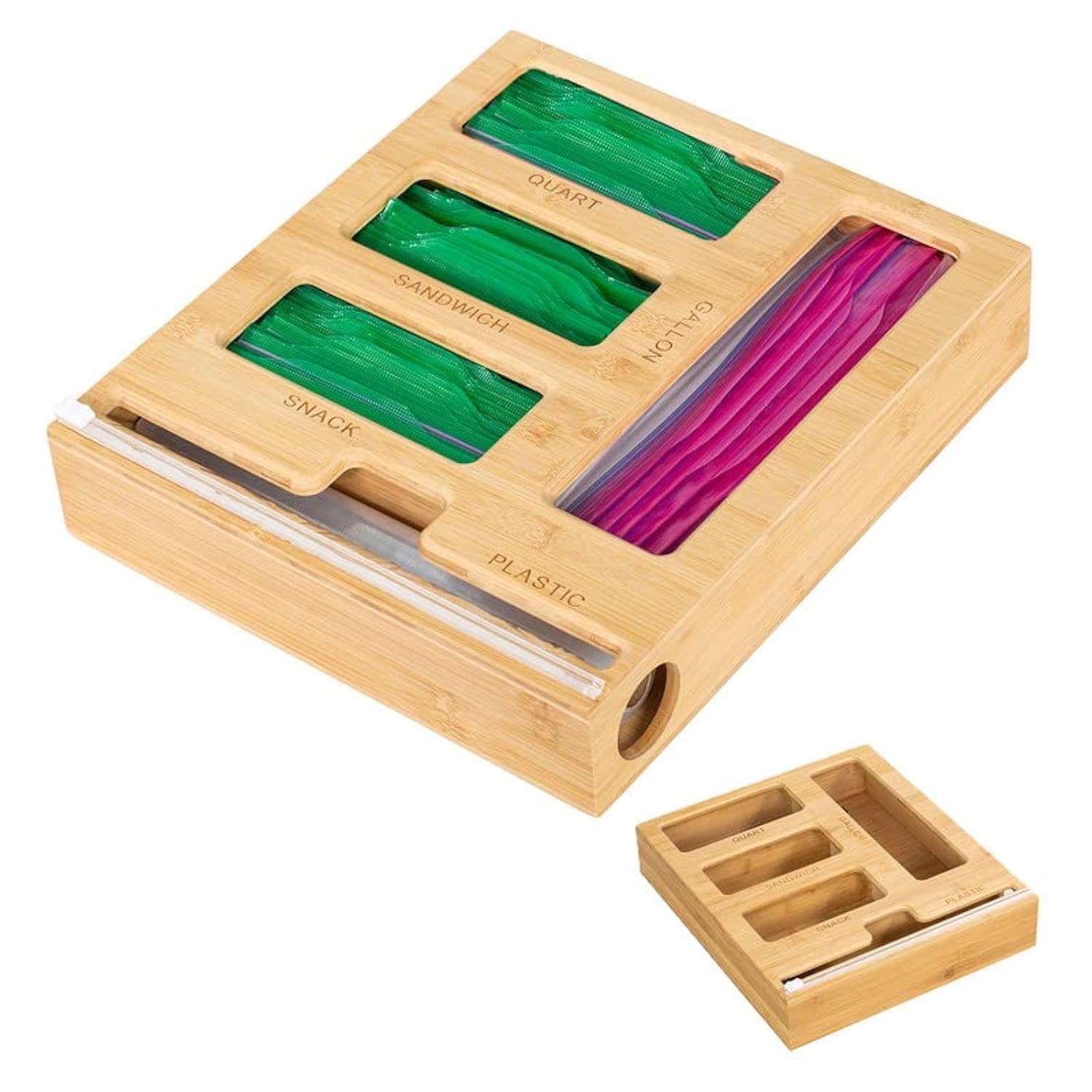 5 in 1 Bamboo Ziplock Bag Organizer Box and Plastic Wrap/Foil/Wax Dispenser w…