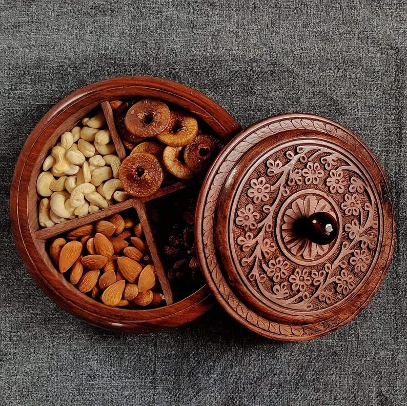 Wood Dry Fruit Box Handmade Wooden Large Size Round Food Storage, Spice Box