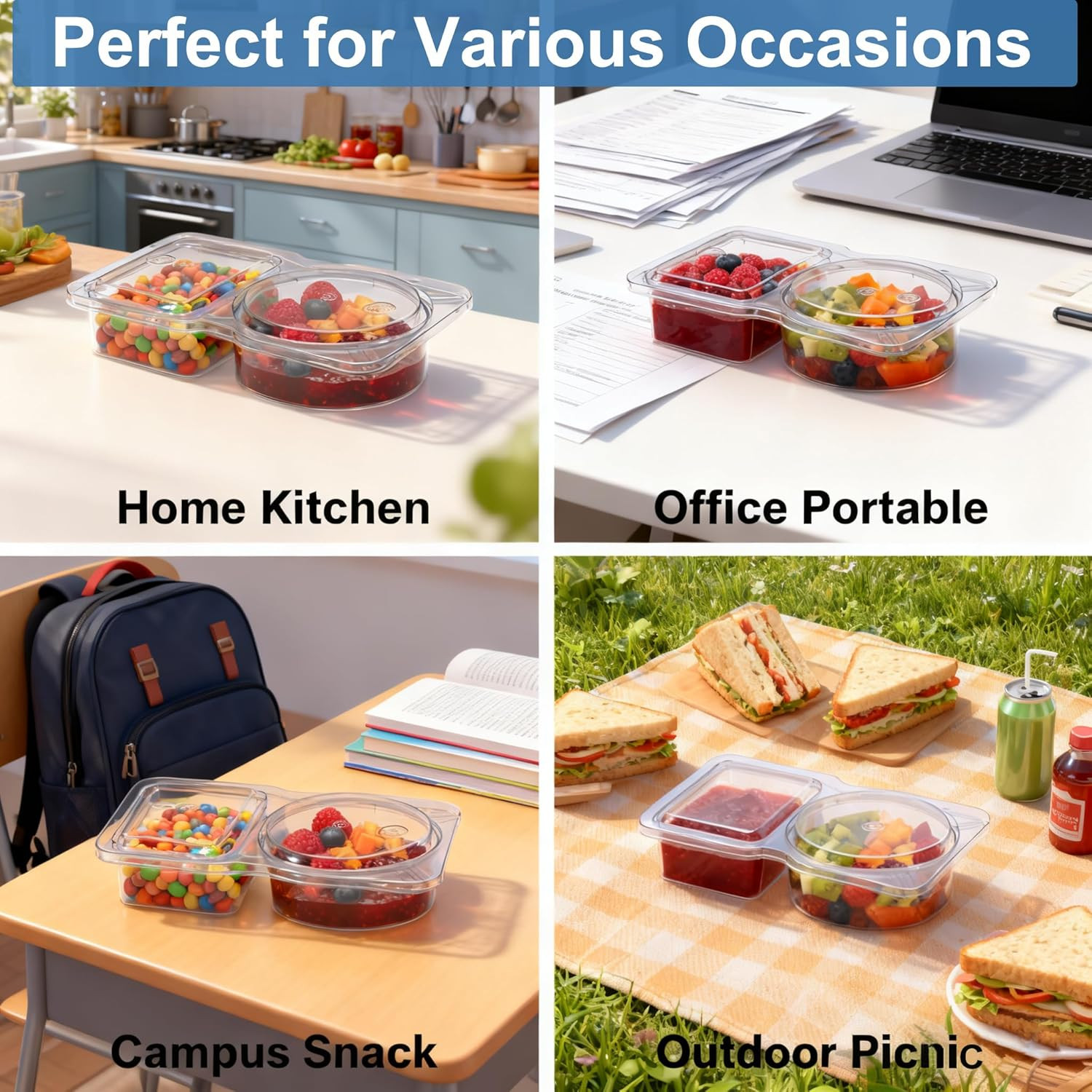 20 Pack Reusable Snack Containers with Lids, Double Compartment Snack Containers