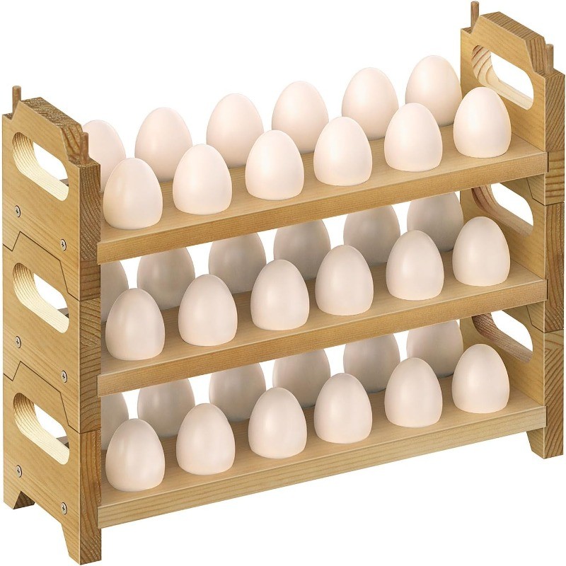3/4 Tier Egg Rack for 36/48 Eggs, Kitchen Counter Wood Egg Organizer Tray Racks