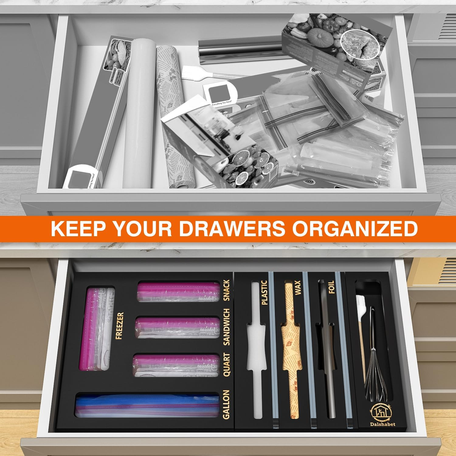 DALSHABET 9 IN1 Bamboo Storage Bag Drawer Organizer with Cutter, Foil and Plasti