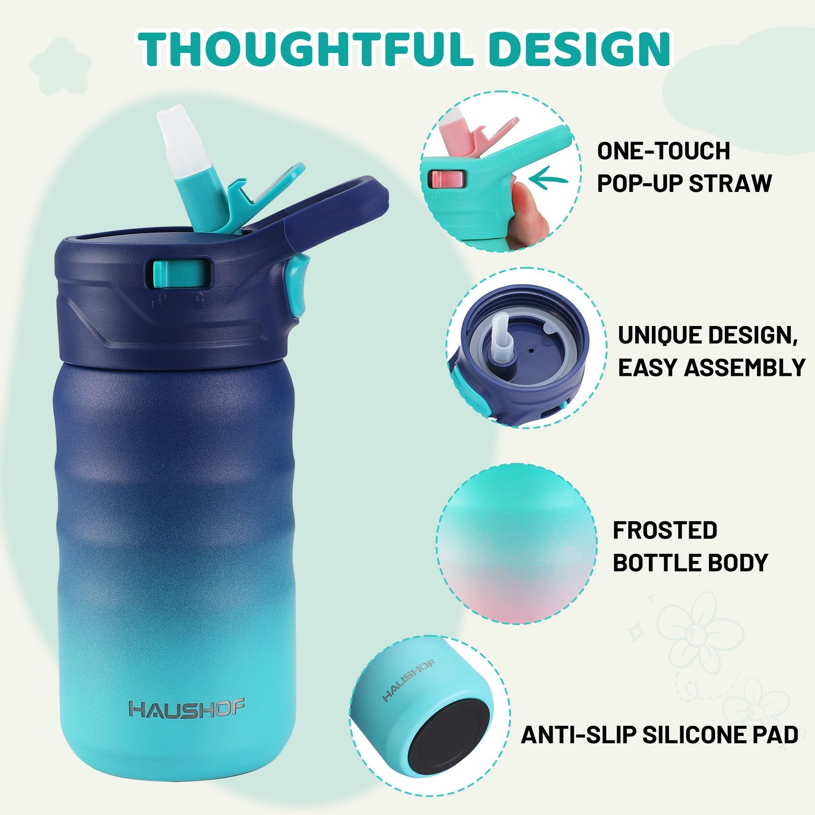 Haushof Kids Water Bottle 2-Pack 12 Oz Bpa-Free Straw And Stickers Stainless