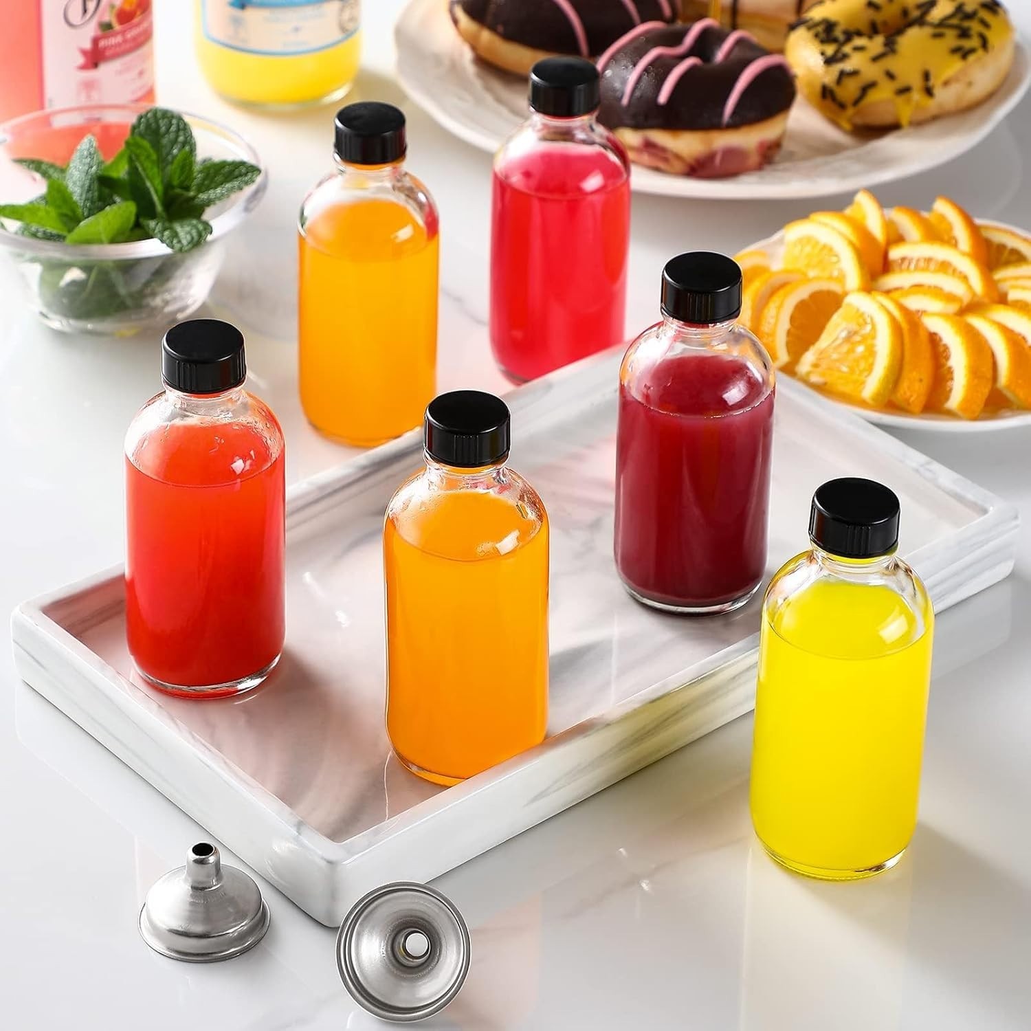6 Pack, 4 oz Small Clear Glass Bottles with Lids & 2 Stainless Steel Funnels …