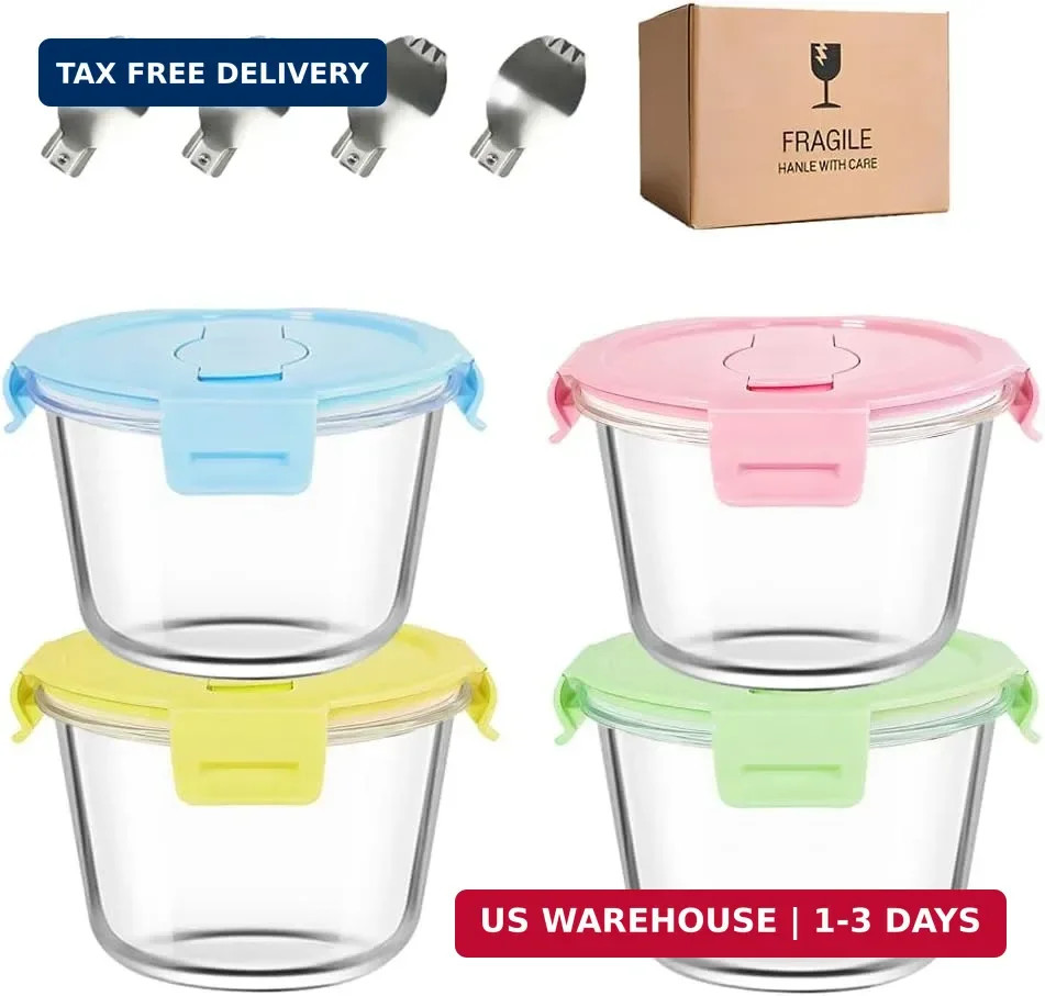 Glass Soup Containers Set of 4 16oz Lids and Spoons Meal Prep Bowls Microwave