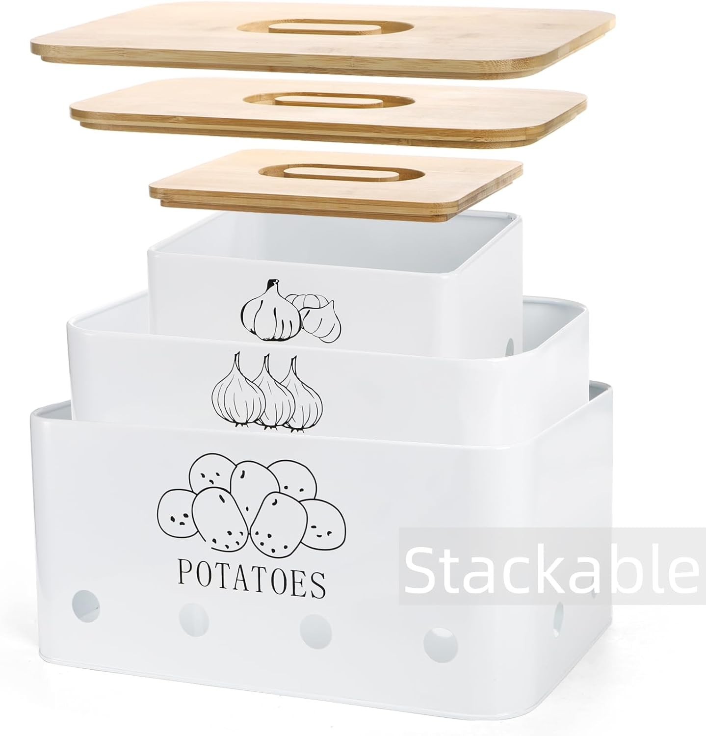 Beautifully Designed Kitchen Storage Set – 3 Bins for Potatoes, Onions & Garlic