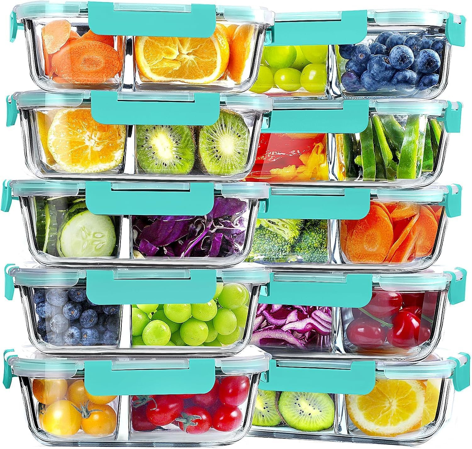 10 Pack Glass Meal Prep Containers – 2 Compartment Set, 30 OZ Airtight Glass Lun