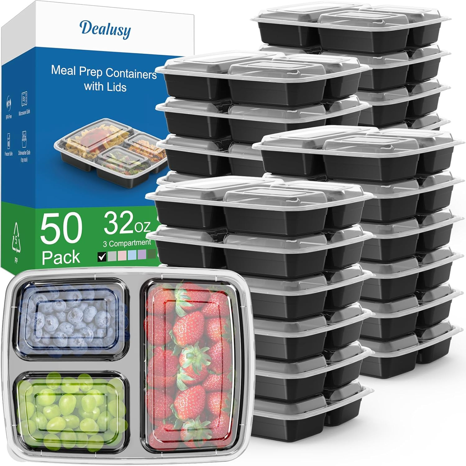 50 Pack (100-Piece) 32 Oz Meal Prep Containers Reusable with Lids 3-Compartment,
