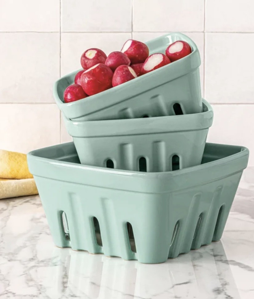 Over&Back Stoneware Multipurpose Basket Set 3 Pc Light Blue Berry Baskets NEW